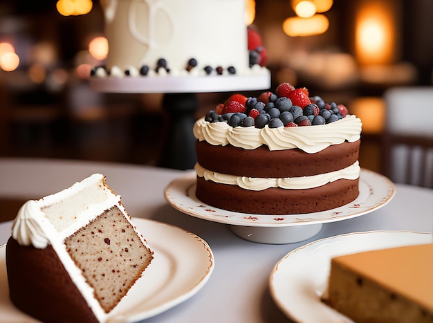 Realistic cake cozy restaurant warm lighting