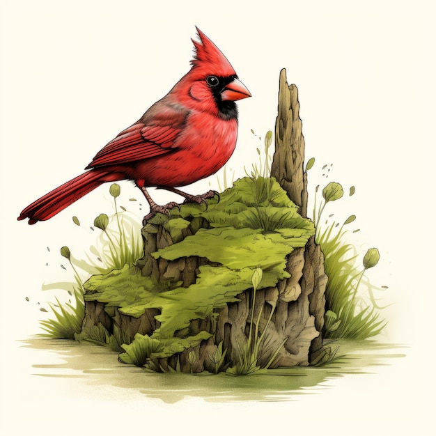 Photo realistic cardinal on moss detailed line art sketch