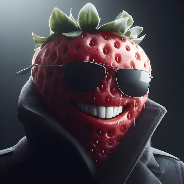 A realistic caricature of cool strawberry with a big smile and wearing sunglasses