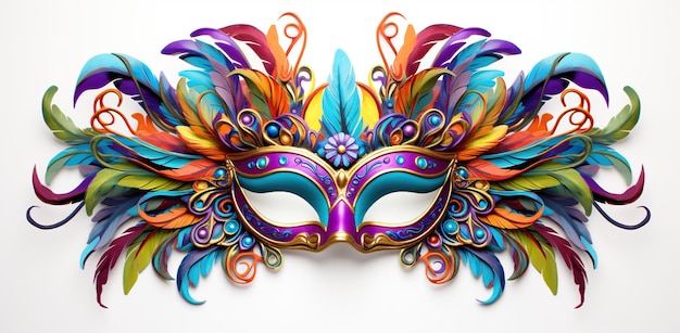 A realistic carnival mask with golden ornamentation and multicolored feathers on a white background