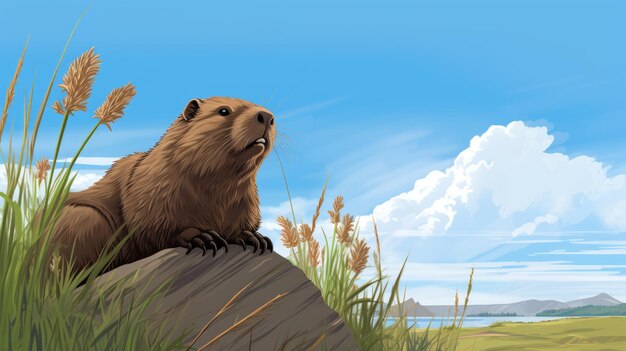 Realistic Cartoon Illustration Of A Beaver Resting On A Rock