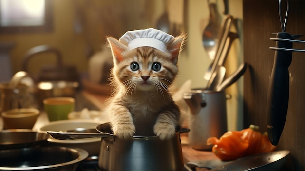 Foto un gatto realistico come cuoco in cucina