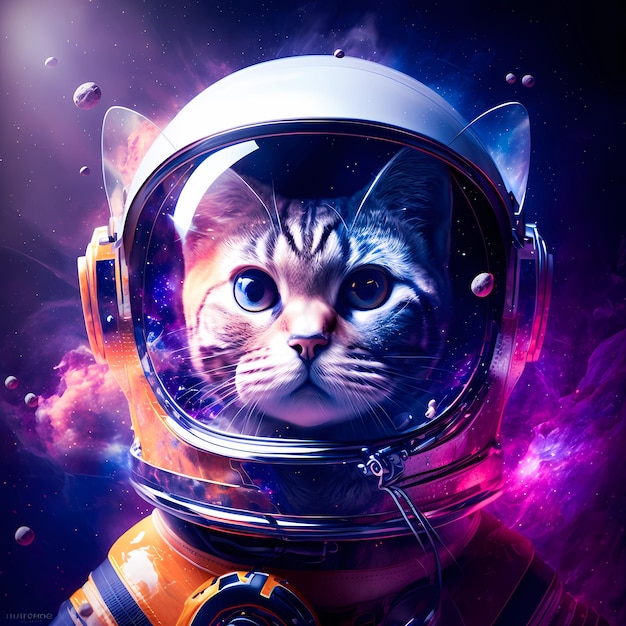 Реалистичная кошка крупным планом в космическом скафандре цифровое искусство
