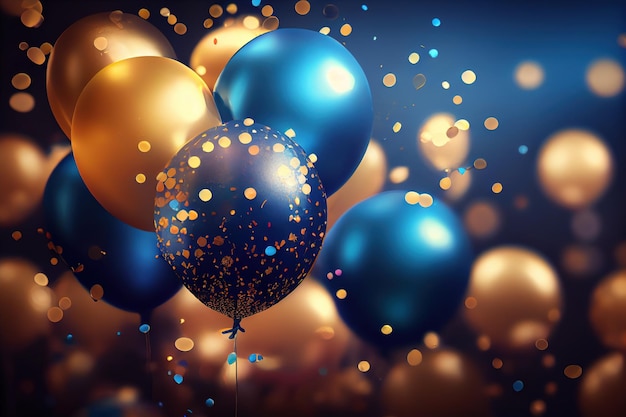 Realistic Celebration Background with golden and blue balloons falling confetti Generative AI