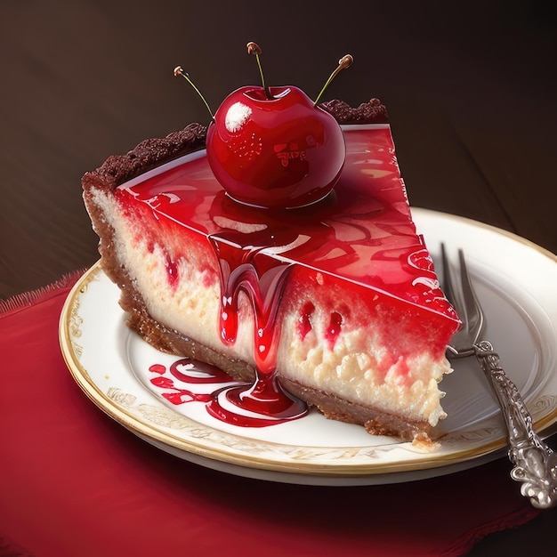 realistic cheescake with fresh on top and melted syrup