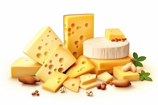 Realistic cheese colored composition with slices and blocks of different sizes and weights