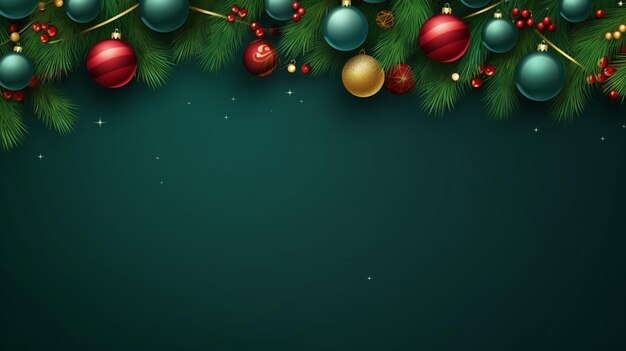 Realistic Christmas decor with firs background banner with blank space for text confetti candy canes and christmas tree balls vector on dark green background