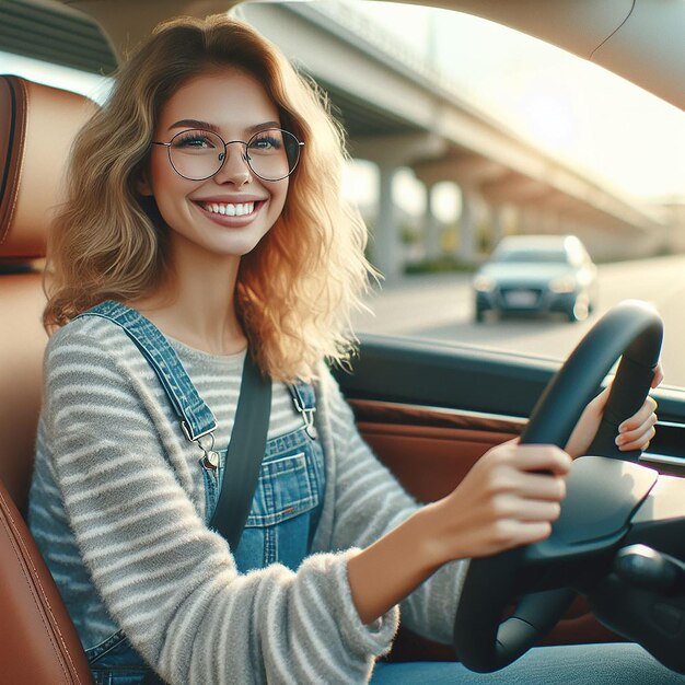 A realistic cinematic image of a woman teaching another woman to drive on the road