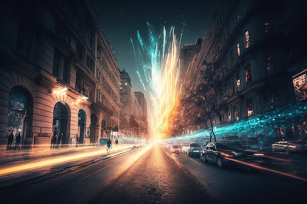 Realistic city street with multicolored chaotically strips of light Light trails Generative AI