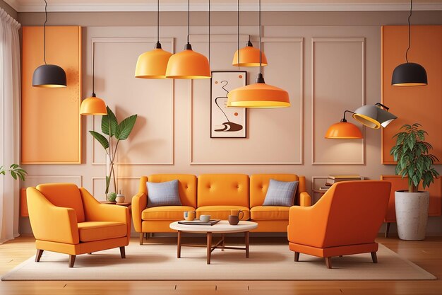 写真 現実的な古典的なリビング ルームのインテリア、吊り下げランプの壁パネルとオレンジ色の肘掛け椅子のベクトル図