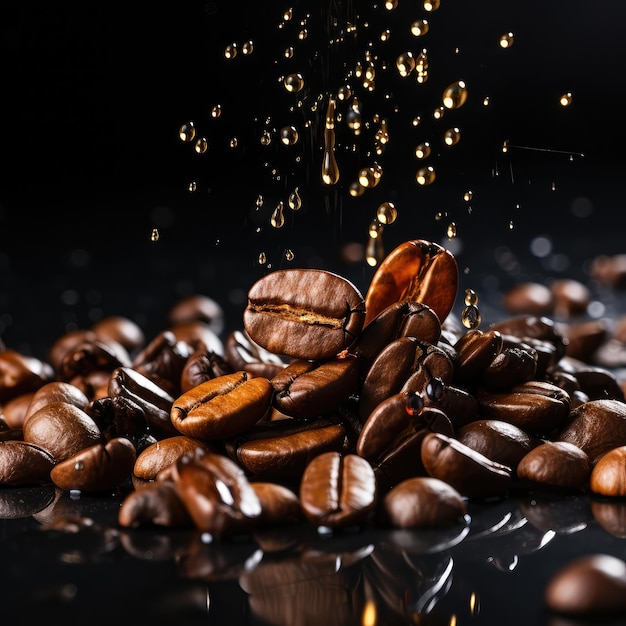 Realistic closeup coffee beans falling into minimalism coffee powder