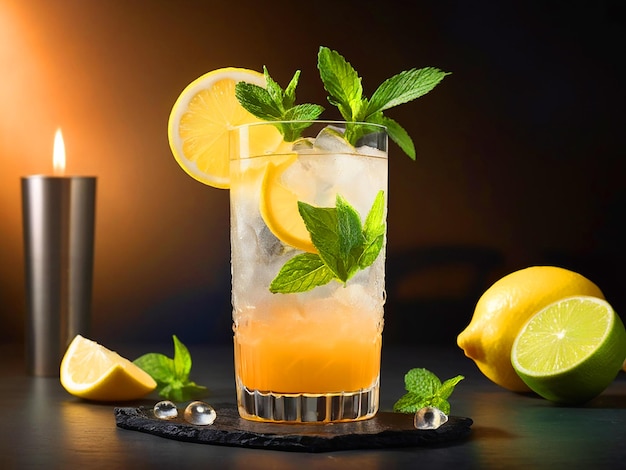реалистичная фотография коктейля с изображением мохто с изображением лимона