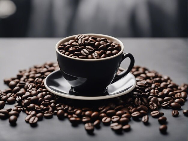 Foto un realistico chicchi di caffè in tazza sul tavolo sfondo scuro