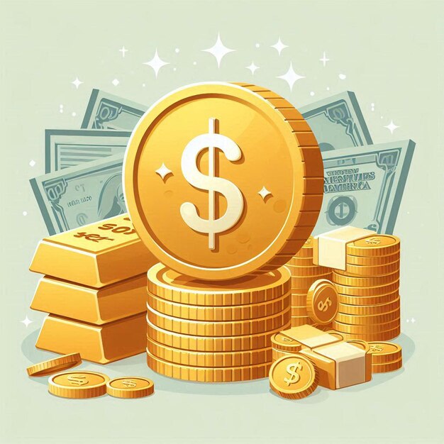 Photo realistic coins and banknotes money gold