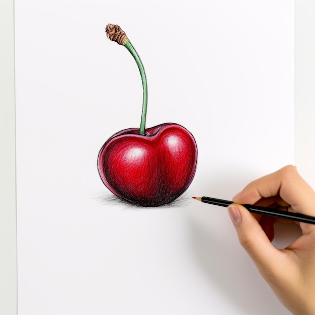 Realistic Color Pencil Drawing Of A Cherry Detailed And Hyperrealistic Artwork