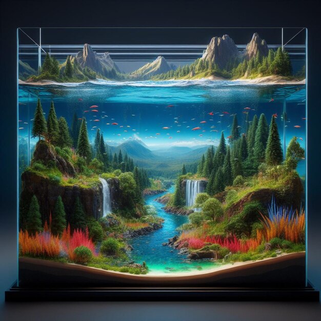 A realistic and colorful aquarium with an underwater scene on the bottom tier a river on the middl