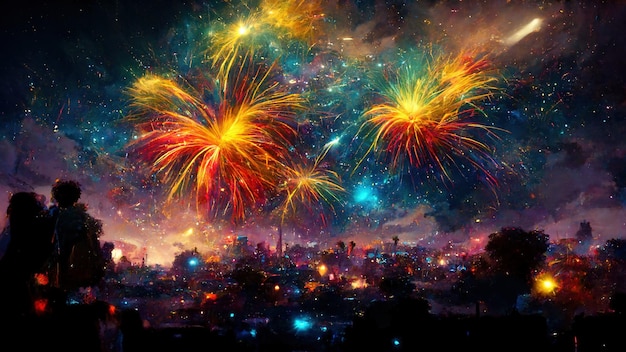 Realistic colorful explosion of fireworks over the night city