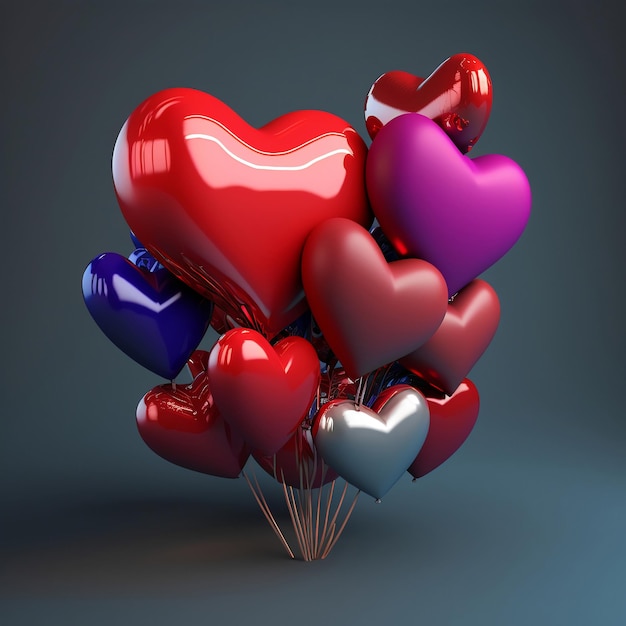 현실적인 다채로운 심장 모양 풍선 무리 3D 렌더링