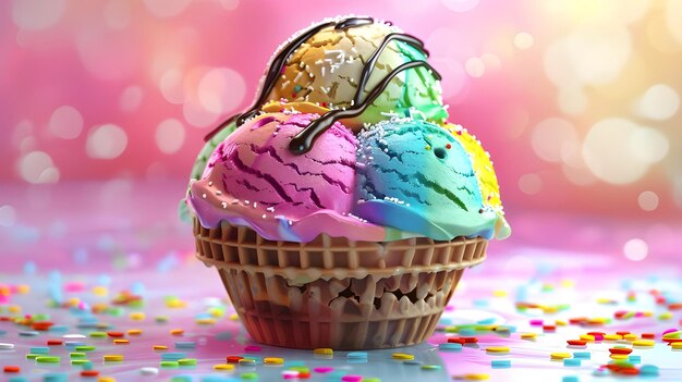 Photo realistic colorful ice cream in waffle cup ai generated