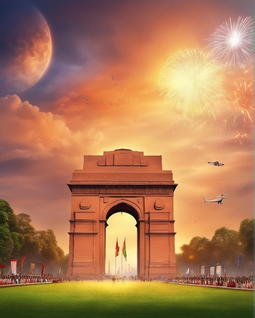 Realistic colorful India gate celebration of independence day on 15th august