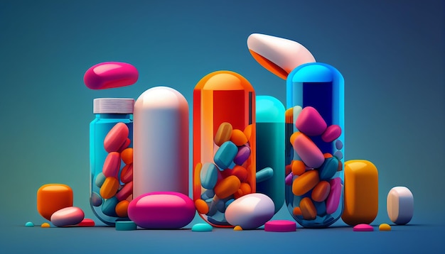 Realistic colorful medical capsules and pills with a blue background Generative AI