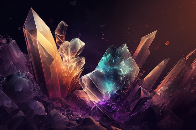 Реалистичные красочные блестящие светящиеся волшебные кристаллы абстрактный фон Современные динамические флуоресцентные драгоценные камни иллюстрация Цифровое искусство AI создано