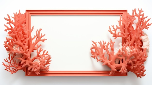 Photo realistic coral frame mockup with colorful woodcarvings