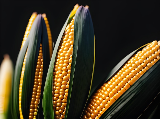 Photo realistic corn against a black backdrop in a sharp focused long shot generative ai generated