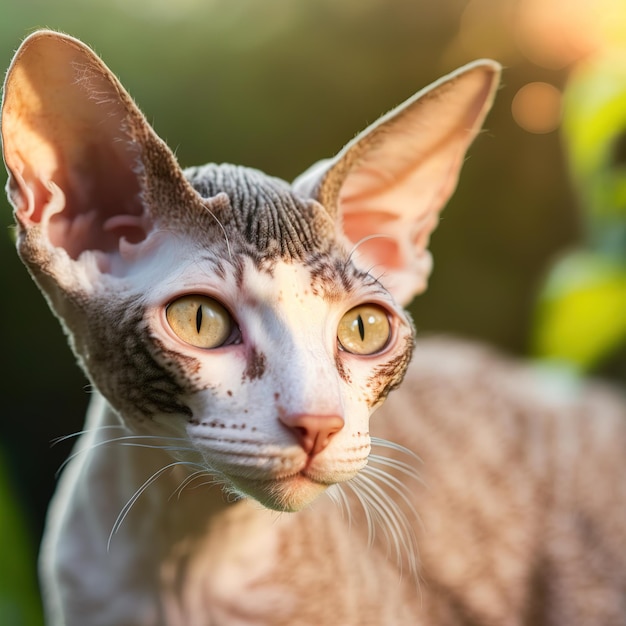 魅惑的な自然な屋外の背景に現実的なコーニッシュ レックス猫