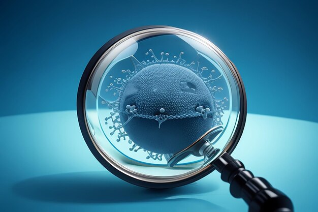 Realistic coronavirus cell look through a magnifying glass