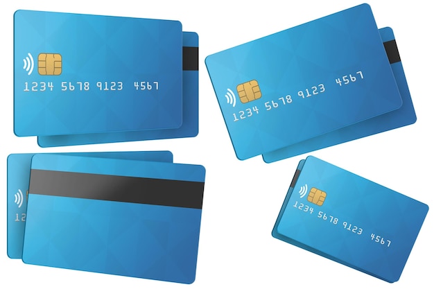 Realistic credit cards template isolated. Four poses of blue credit cards as mockup.