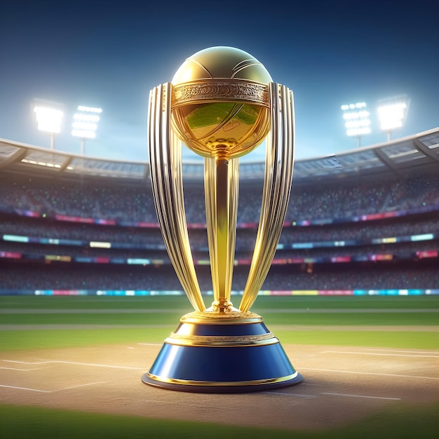 リアルなクリケット ICC ODI ワールドカップ トロフィー クリケットスタジアムの背景に ICC ワールドカップトロフィー