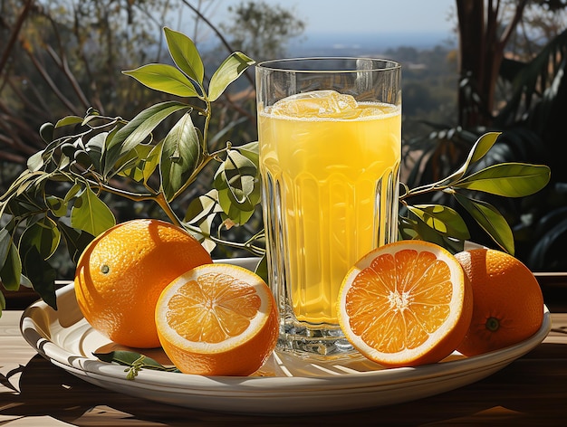 Realistic Cup of Orange Juice with Half Orange Background