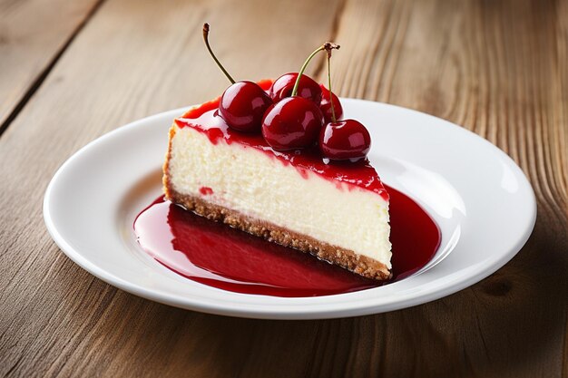 Photo realistic cut cherry cheesecake on white plate aerial graphy