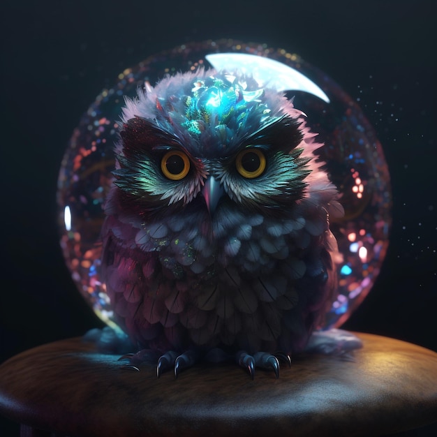 a realistic cute adorable baby owl made of crystal ball