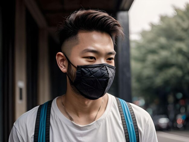 검은 마스크와 목걸이 초상화를 갖춘 현실적인 귀여운 아시아 남자