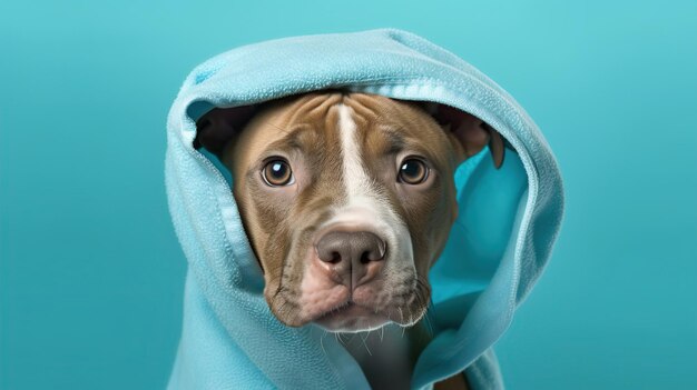 Фото Реалистичная милая щенка питбулла с портретом полотенца, изолированным на пастельном фоне
