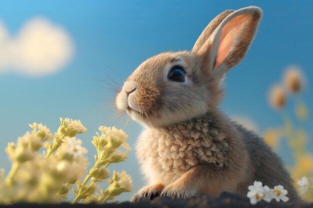 Фото Реалистичный милый кролик в окружении цветов на фоне голубого неба. создано с помощью generative ai.