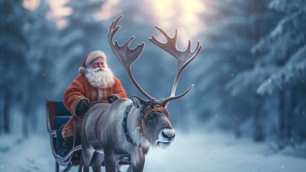 realistic cute scene in which Santa Claus rides