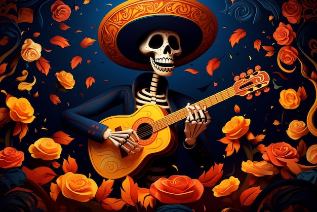 realistic cute skeleton singing and playing the guitar in orange petals