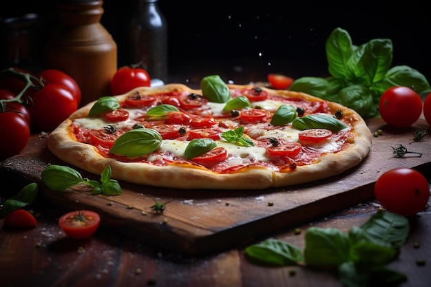Реалистичная пицца с помидорами, базиликом и сыром с высоким разрешением
