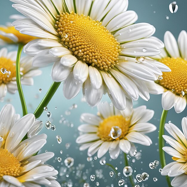 Realistic daisy flowers set with light particles water drops