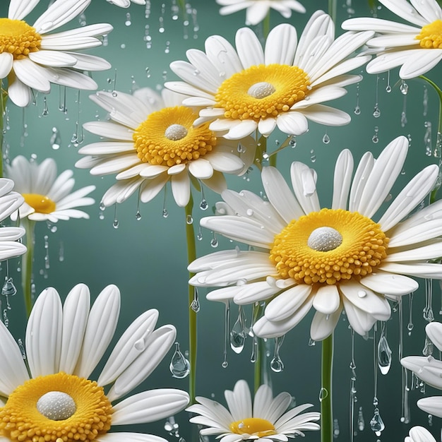 Realistic daisy flowers set with light particles water drops