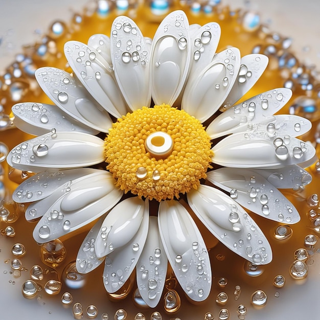 Realistic daisy flowers set with light particles water drops