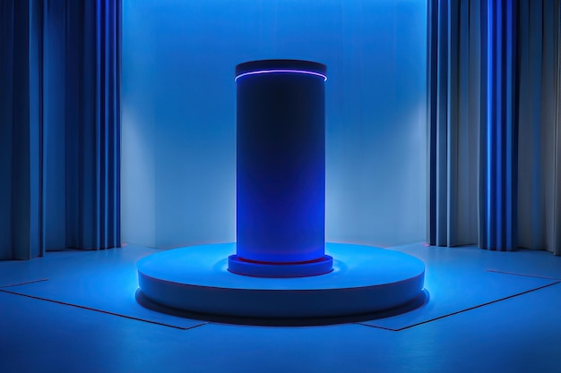 Реалистичный темно-синий 3D-цилиндрный пьедестал с голубым фоном
