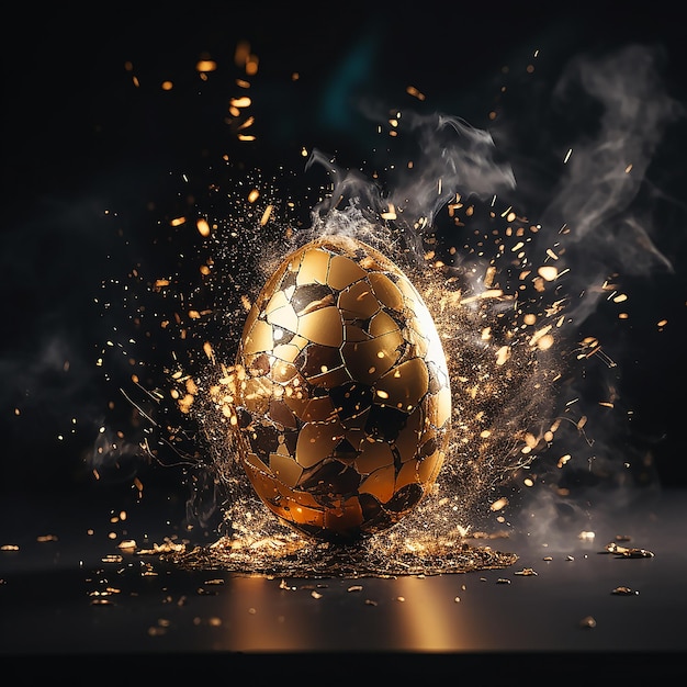 Realistic and decorative gold Easter egg flying 3D render illustration