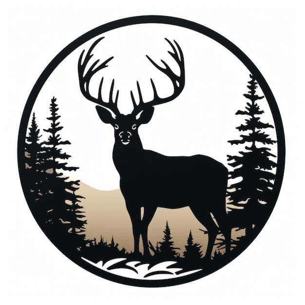 Photo realistic deer emblem in circle with trees and mountains icon