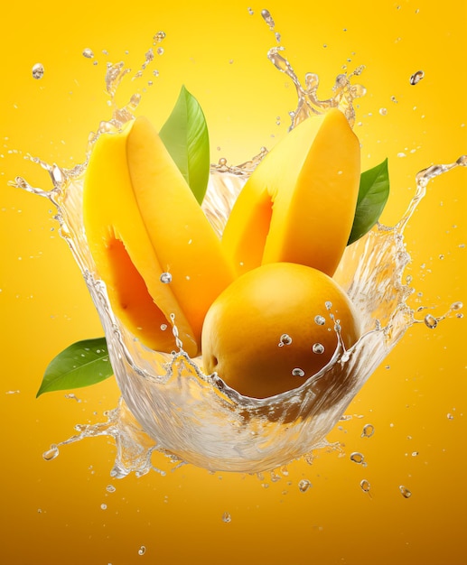 Realistic delicious mango in juice splashes