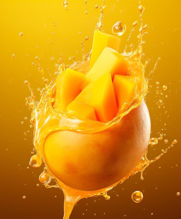Photo realistic delicious mango in juice splashes
