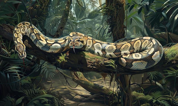 Реалистичное изображение боа-констриктора, опирающегося на ветвь дерева в густых джунглях.